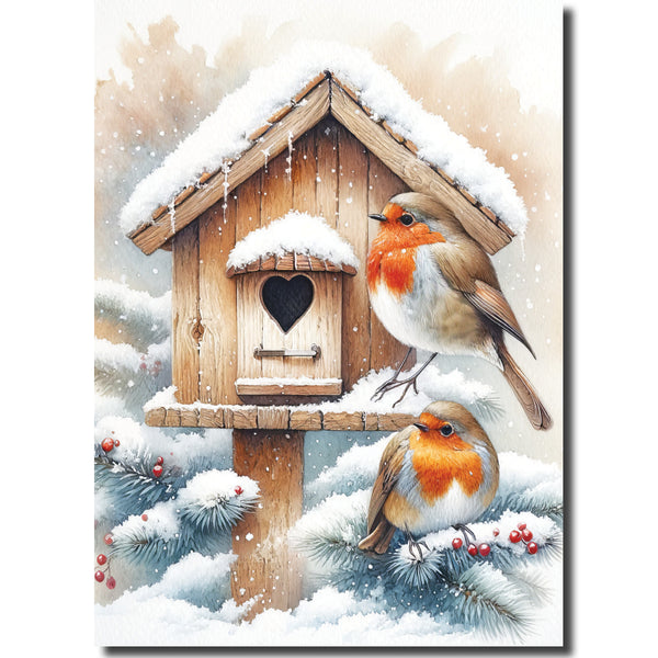 <p style="color:grey">Robins on a Bird Box<p style="color_gold">Ref: KJ06